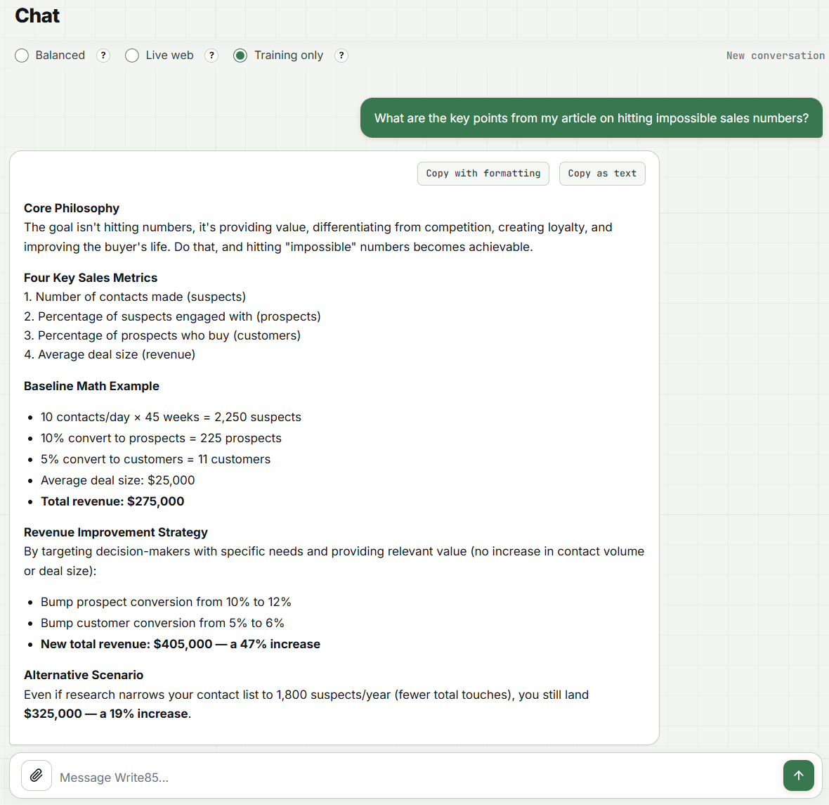 Write85 chat in Training only mode answering from your own body of work