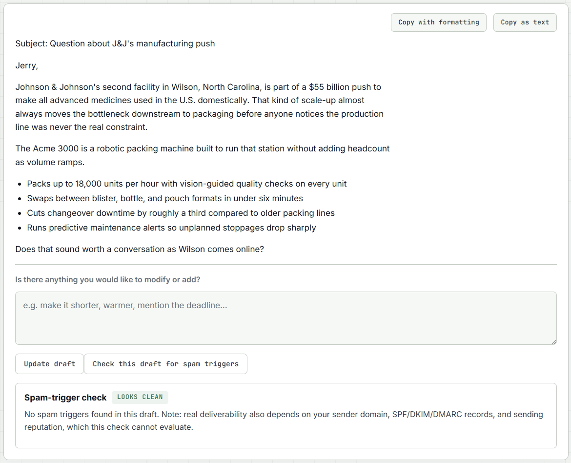 A finished Write85 sales email with the deliverability check showing Looks Clean