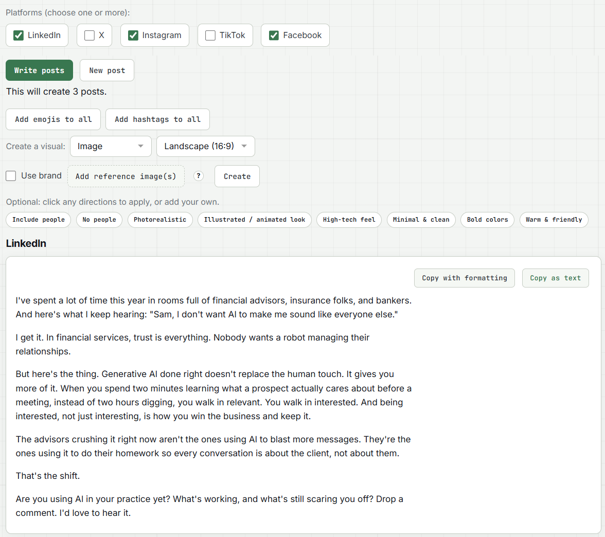 Write85 social post panel creating three platform posts from one topic