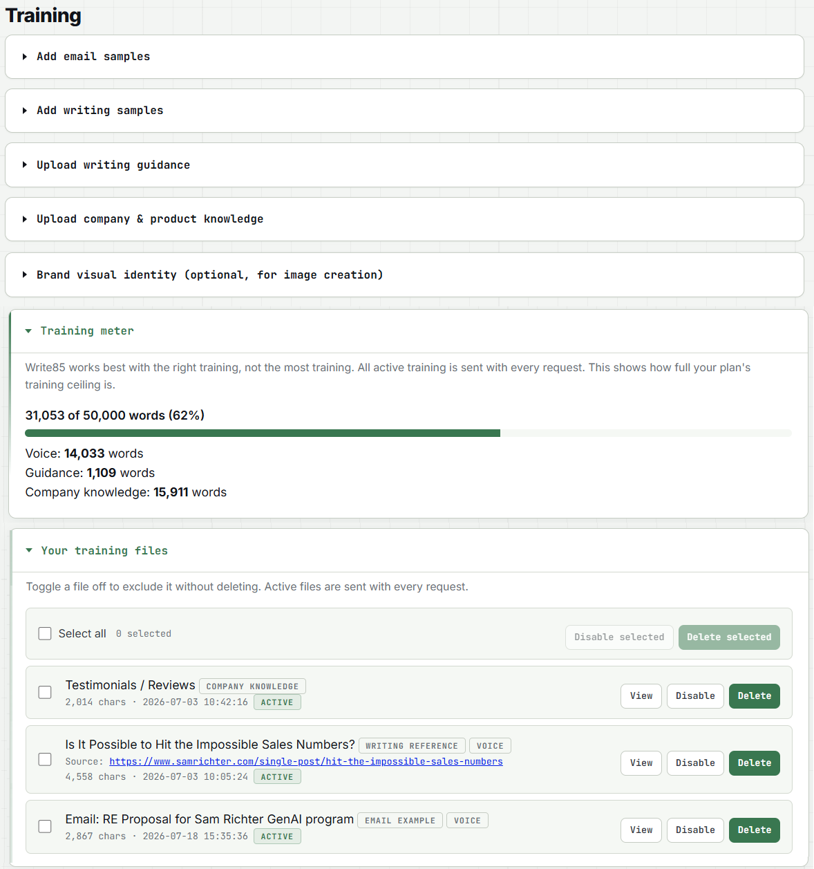 Write85 Training tab with the training meter showing voice, guidance, and company knowledge